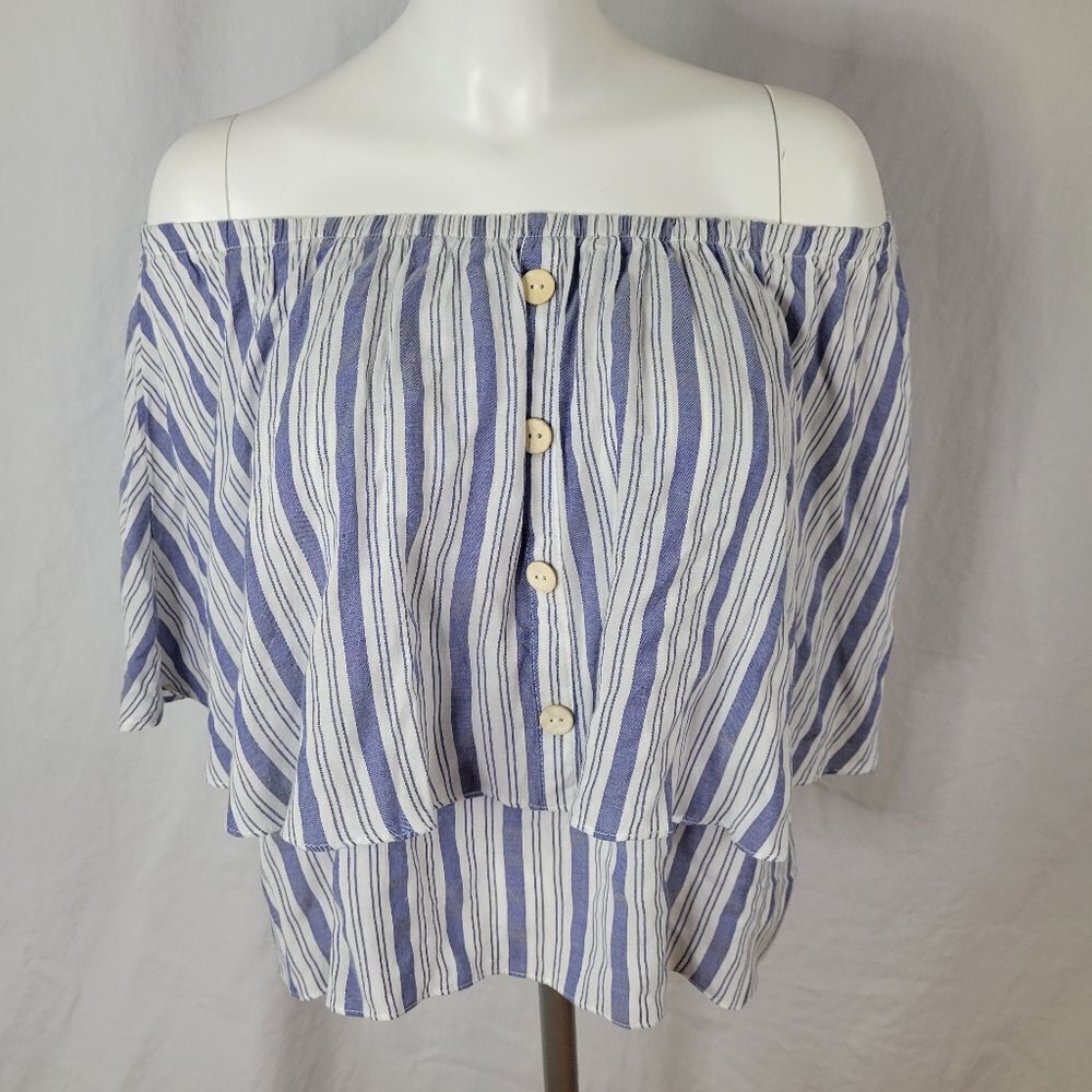 Kate Landry ee:some Off the Shoulder‎ Denim Blue and White Striped Top Size L
